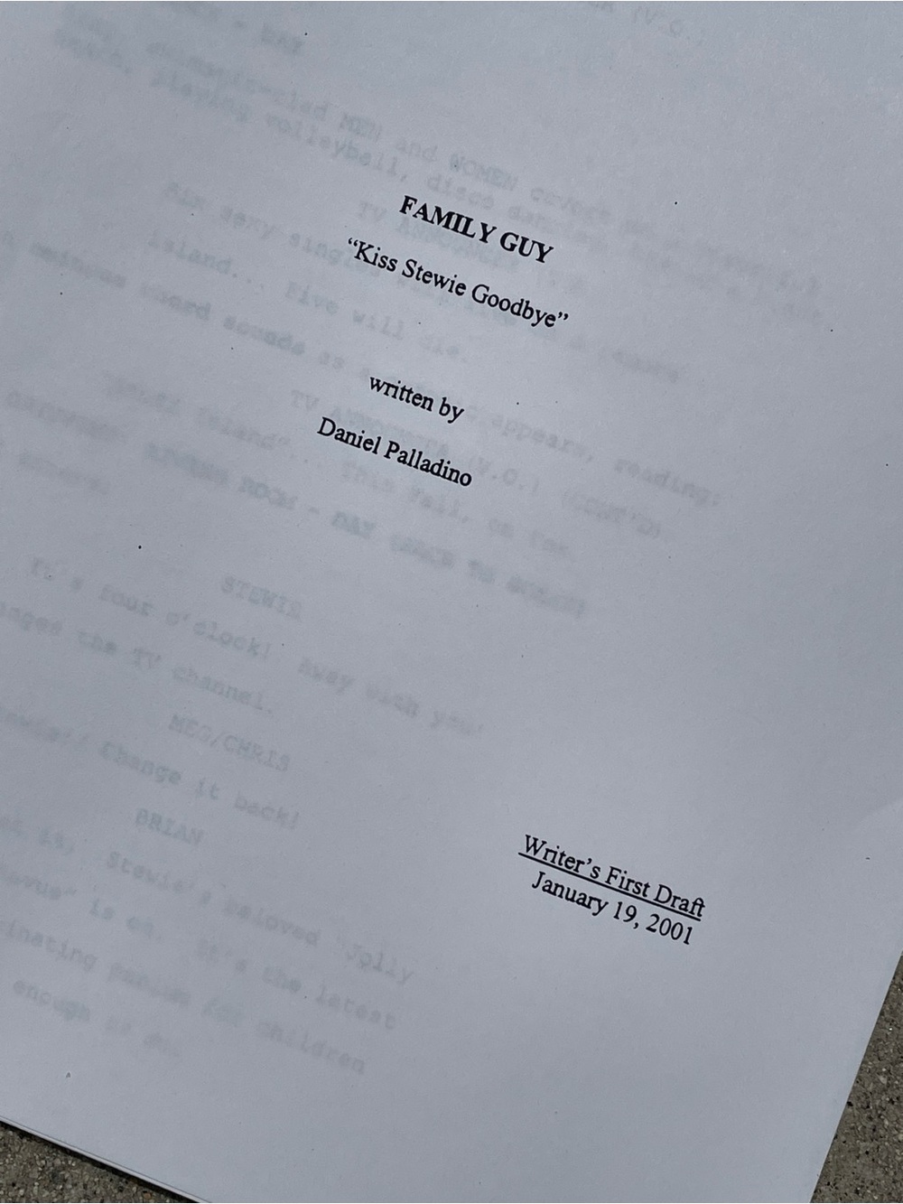 Family Guy 2001 Production Used ROAD TO EU 1st Draft Script Kiss Stewie Goodbye